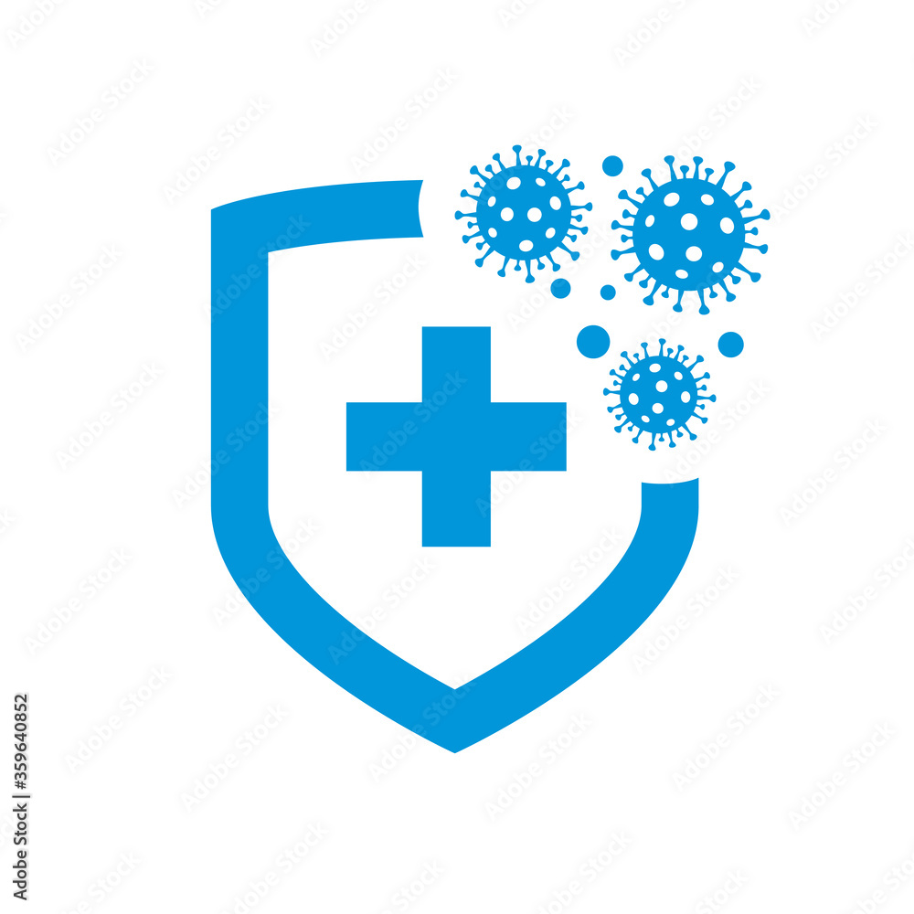 Bacteria virus protection logo. Coronavirus 2019-nCoV bacteria outbreak stop shield sign. Isolated vector blue icon of virus on white background for poster, banner, flyer Bacteria virus protection logo. Coronavirus 2019-nCoV bacteria outbreak stop shield sign. Isolated vector blue icon of virus on white background for poster, banner, flyer