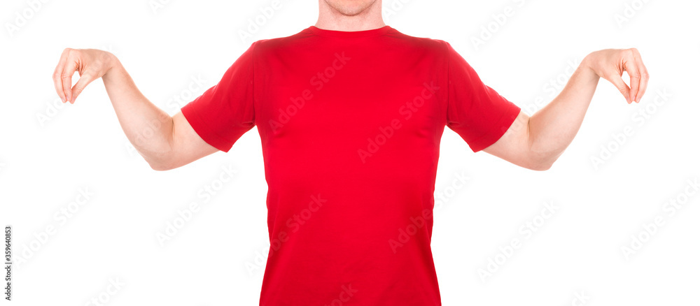 Man in red t-shirt holding something with two fingers isolated on white Man in red t-shirt holding something with two fingers isolated on white
