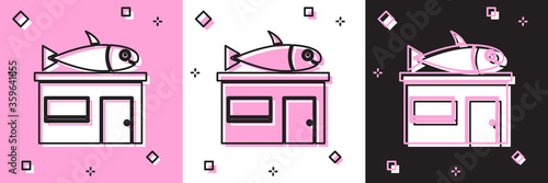 Set Seafood store icon isolated on pink and white, black background. Facade of seafood market. Vector..