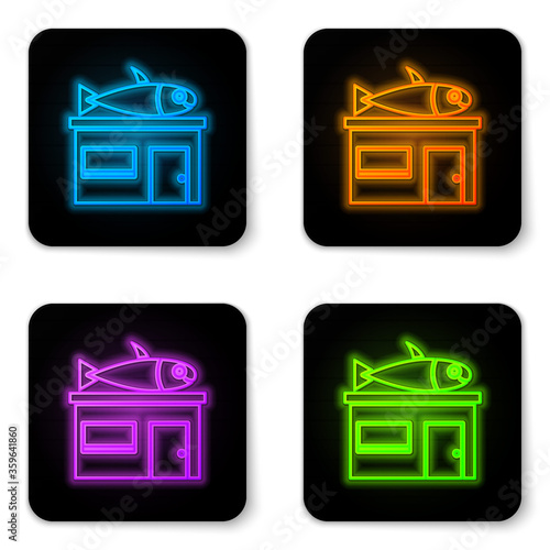 Glowing neon Seafood store icon isolated on white background. Facade of seafood market. Black square button. Vector..