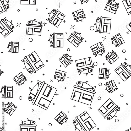 Black line Seafood store icon isolated seamless pattern on white background. Facade of seafood market. Vector..