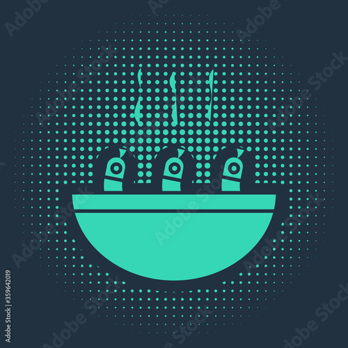 Green Soup with shrimps icon isolated on blue background. Tom yum kung soup. Abstract circle random dots. Vector..