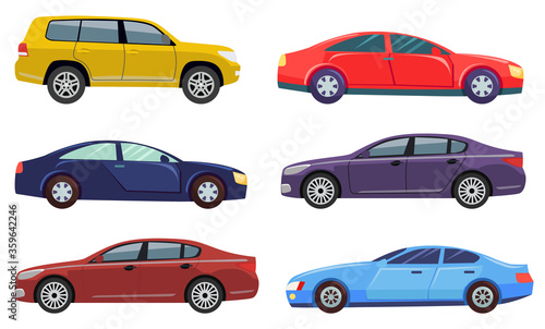 Cars automobile vector, isolated set of transport. Transportation, jeep hotrod, ecologically friendly auto, machine with motor engine traveling illustration in flat style design for web, print