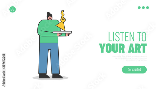 Creative hobbies website landing page with artist holding abstract sculpture of contemporary art