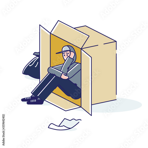 Young homeless man living on street in cardboard box. Cartoon character need help