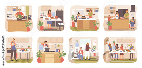 People cooking in the kitchen. Collection of various people cartoon character preparing food