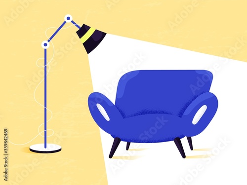 Blue sofa in cold light from the floor lamp as a place for photosession or shooting video. Interiors and furniture. Calming home atmosphere.