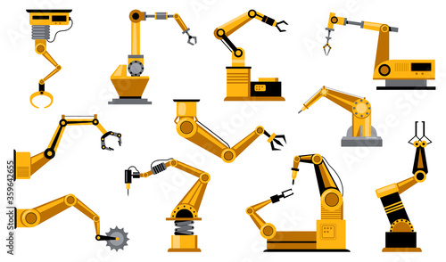 Various manufacturing robots arms flat icon set. Mechanical robotic claws isolated vector illustration collection. Industry, science and automation equipment concept