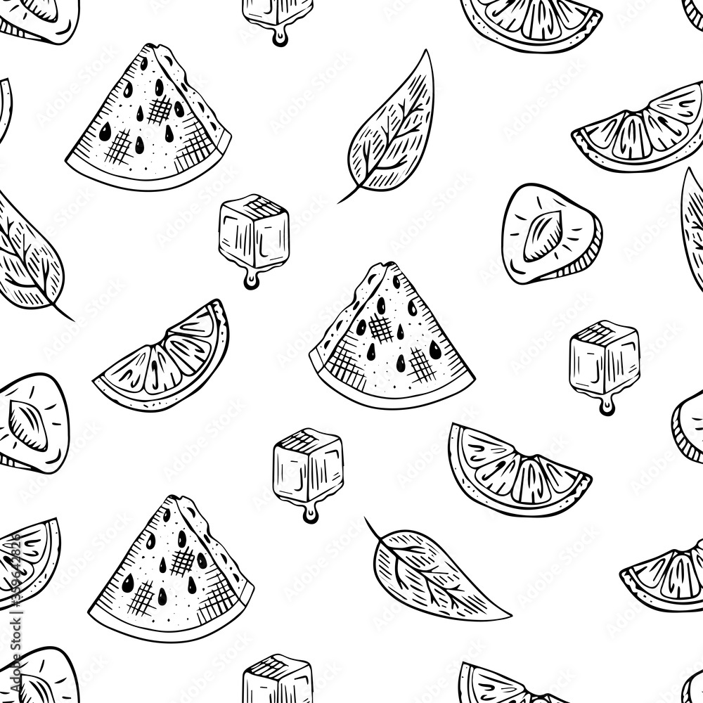 Seamless Pattern of slices of lemon, watermelon, ice, mint. Sketch, hand-drawing. Vector illustration.