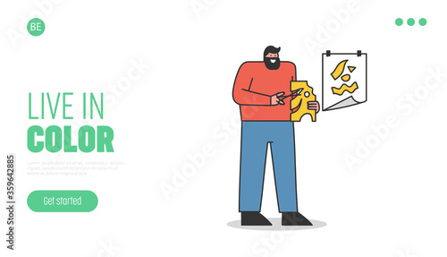 Man making abstract applique over template landing page background. Creative hobby concept