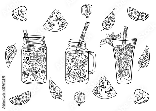Set of Mojito cocktail with slices of lime, mint and ice cubes. Cold drink. Sketch, hand-drawing. Vector illustration. Around slices of lemon, watermelon, ice, mint