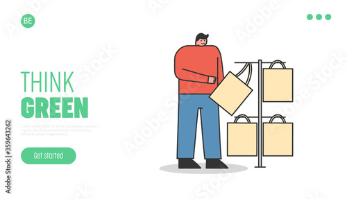 Think green template landing page with man buying eco bag in shop. Zero waste shopping concept