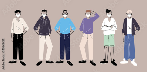 people in protective medical face masks, men wearing protection from coronavirus