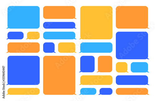 Colorful speech bubbles set. Blue and orange blank chat bubbles with space for messages, templates for phone dialog window interface. Can be used for social media, online app concept