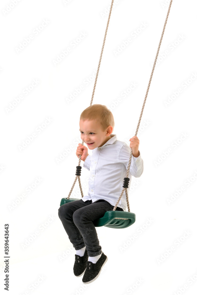 Cute Blond Boy Swinging on Rope Swing and Looking at Camera Cute Blond Boy Swinging on Rope Swing and Looking at Camera