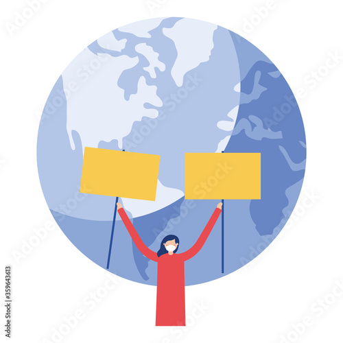 Woman with medical mask world and banner board vector design