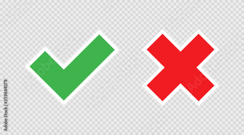 Check and cross mark on transparent background. Icon in flat style, isolated vector