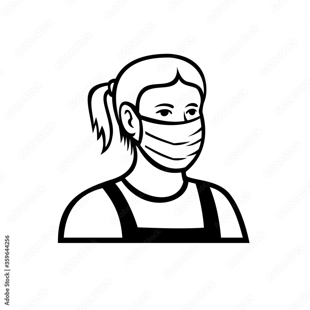 Caucasian Teenage Girl Wearing Face Mask Front View Retro Black and White