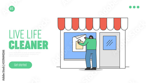 Eco landing page with live life cleaner concept and woman hang zero waste poster on window shop