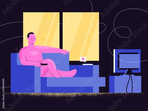 Nude man watching TV show or online video streaming on a sofa. Relaxing at home. Comfort, confidence and self-acceptance. Freedom from society rules staying home.