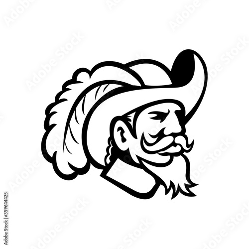 Head of a Cavalier or Musketeer Viewed from Side Mascot Black and White