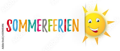 Sommerferien Banner mit der lustigen Sonne auf einem weissen Hintergrund