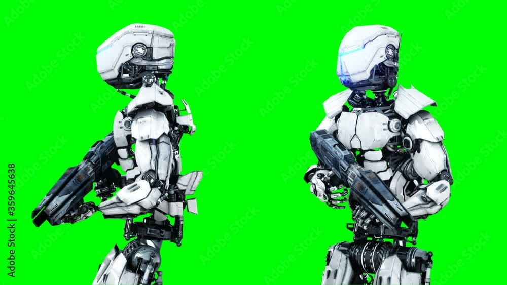 Military robot is walking with gun . Realistic motion and reflections. 4K green screen footage. Military robot is walking with gun . Realistic motion and reflections. 4K green screen footage.