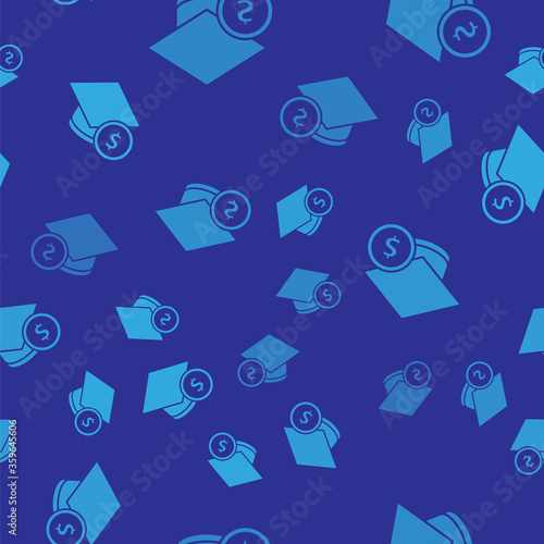 Blue Graduation cap and coin icon isolated seamless pattern on blue background. Education and money. Concept of scholarship cost or loan, tuition or study fee. Vector..