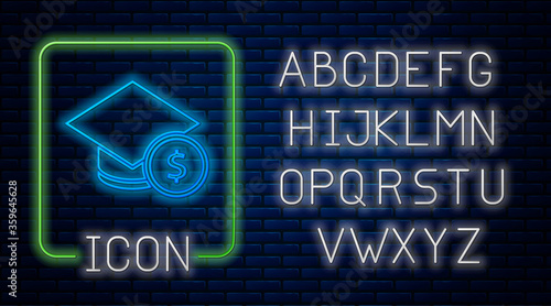 Glowing neon Graduation cap and coin icon isolated on brick wall background. Education and money. Concept of scholarship cost or loan, tuition or study fee. Neon light alphabet. Vector..