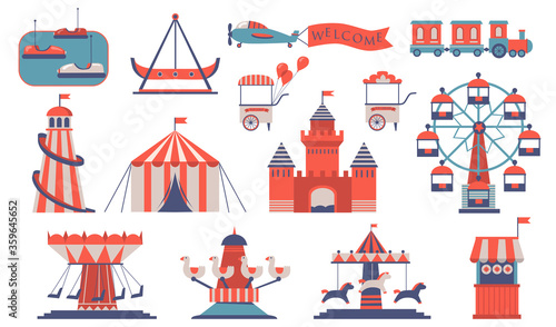 Various amusements and carousels flat icon set. Cartoon city funfair and playground for children isolated vector illustration collection. Fair and entertainment concept