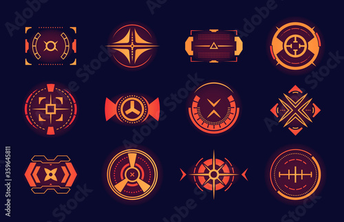 HUD technology concept. Red optical focus collection. Hologram targets, futuristic radars, weapon aim, sniper crosshairs for shooting game set. Flat vector illustrations isolated on dark background