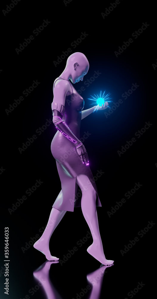 3d rendering. Woman mannequin in blue and pink neon lighting with biomechanical hand holds a luminous ball. Isolated background. Bionic prosthesis with neonous decorative inserts