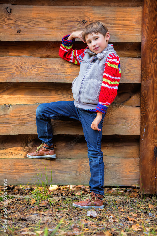 Beautiful baby in nature. Elementary age boy on the background of a wooden fence. Autumn walk of the child.