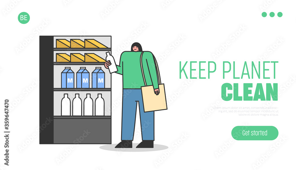 Woman with ecobag in grocery store landing page template. Recycling and reuse concept Woman with ecobag in grocery store landing page template. Recycling and reuse concept