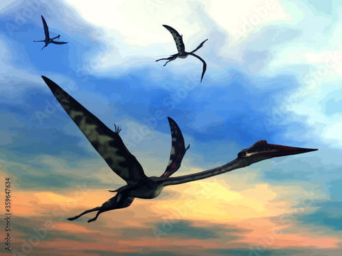 Three quetzalcoatlus flying together by sunset