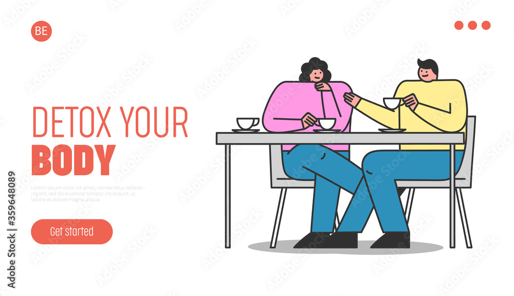 Fototapeta premium Detox landing page with couple in cafe drinking organic healthy tea beverage