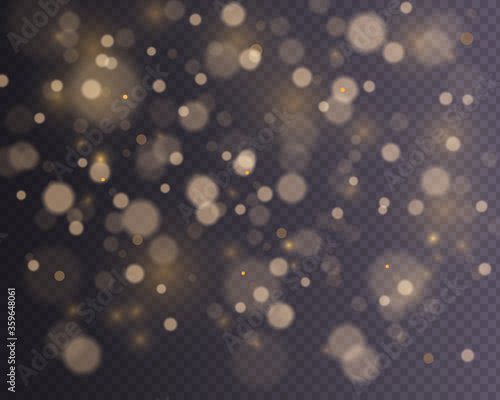 Bright abstract glowing bokeh lights. The bokeh effect of light is isolated on a transparent background. Festive purple and gold glowing background. Christmas concept