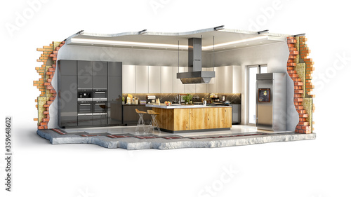 Fototapeta Naklejka Na Ścianę i Meble -  Ripped out from interior part of kitchen, 3d illustration