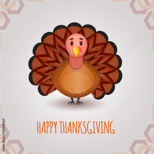 Funny celebrate card with cute cartoon turkey, Happy Thanksgiving