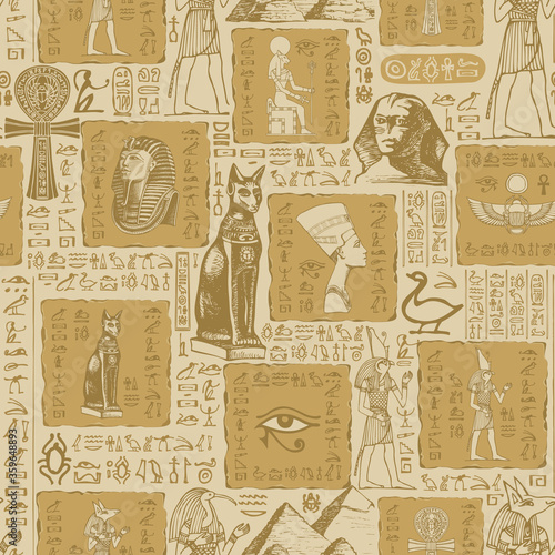 Seamless pattern on the theme of Ancient Egypt with sketches and scribbles. Hieroglyphs are randomly selected and do not make sense. Vector abstract background. Wallpaper, wrapping paper, fabric