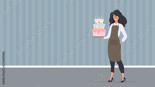 Girl cook holds a birthday cake. Girl holds a pie. Good for birthday articles and banners. Vector.