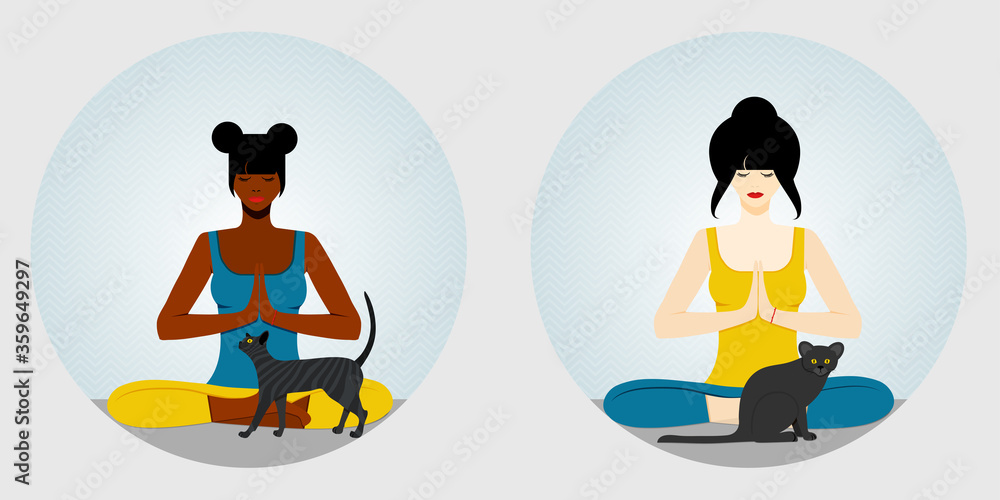 Yoga. African American and European woman sits in a lotus position, cross-legged and meditating. Next to the woman's sits cats. vector illustration. Yoga. African American and European woman sits in a lotus position, cross-legged and meditating. Next to the woman's sits cats. vector illustration.