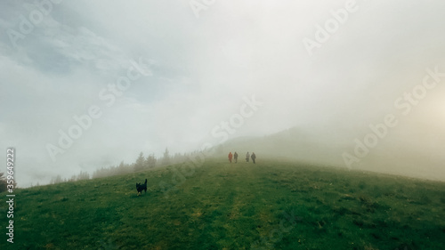 Man in the fog. Carpathians  Ukraine  Europe. Beauty world.