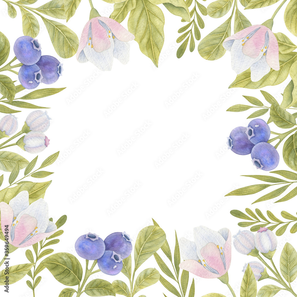 Watercolor frame with blueberries, flowers and leaves. Bright illustration with space for text.