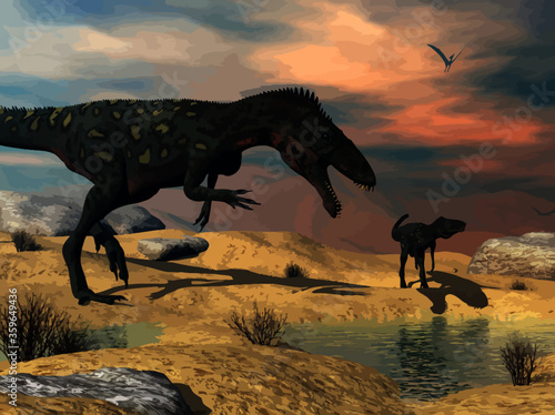 Two masiakasaurus knopfleri dinosaurs looking for water in the desert © Elenarts