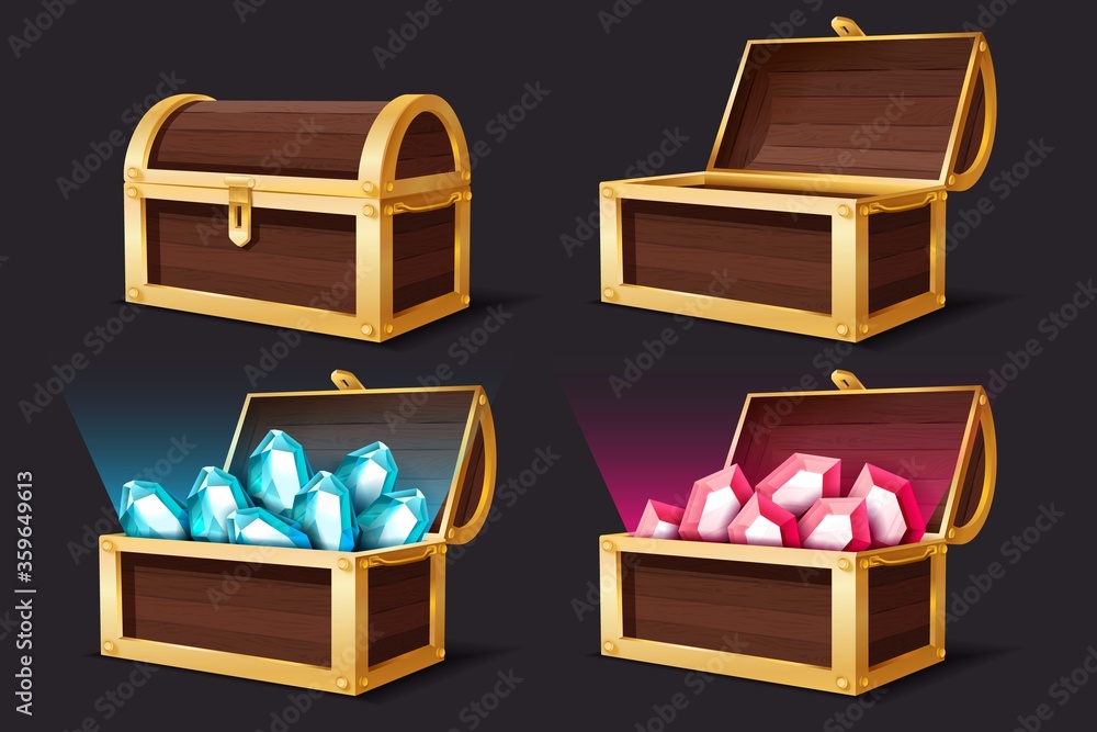 Treasure chest. Closed and open chests with gems jewelry. Medieval mystery pirate treasures