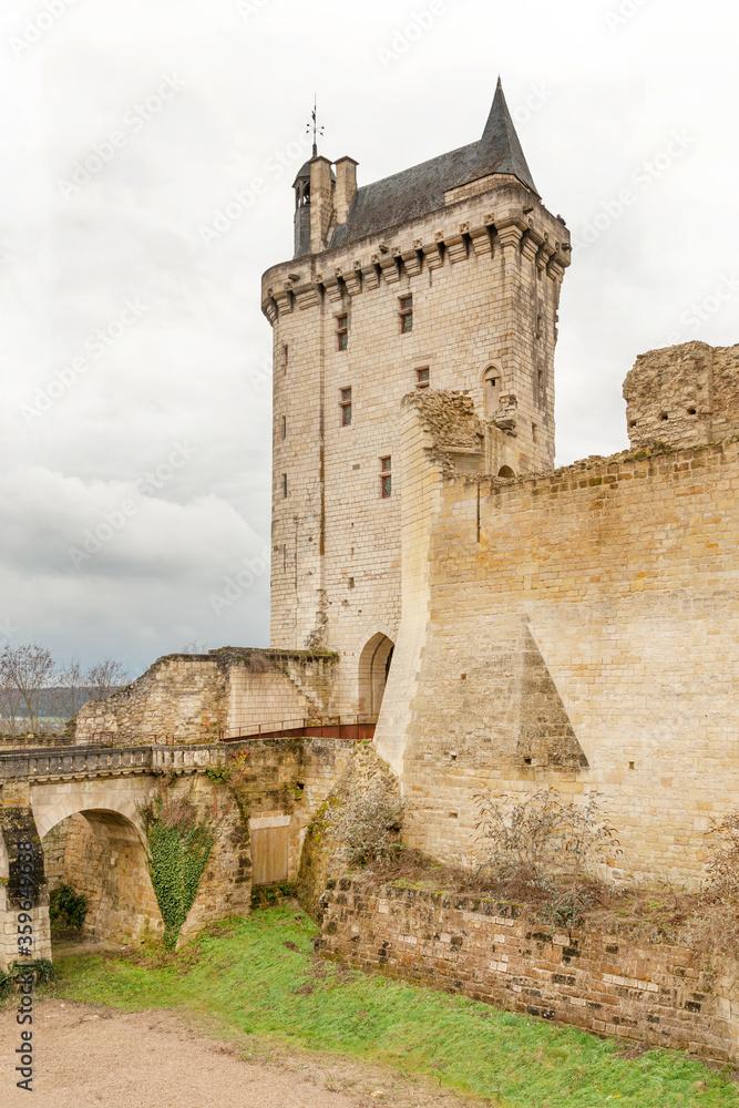 The clock tower (La Tour de l Horloge), main entrance to famous Chinon castle in Loire valley, France