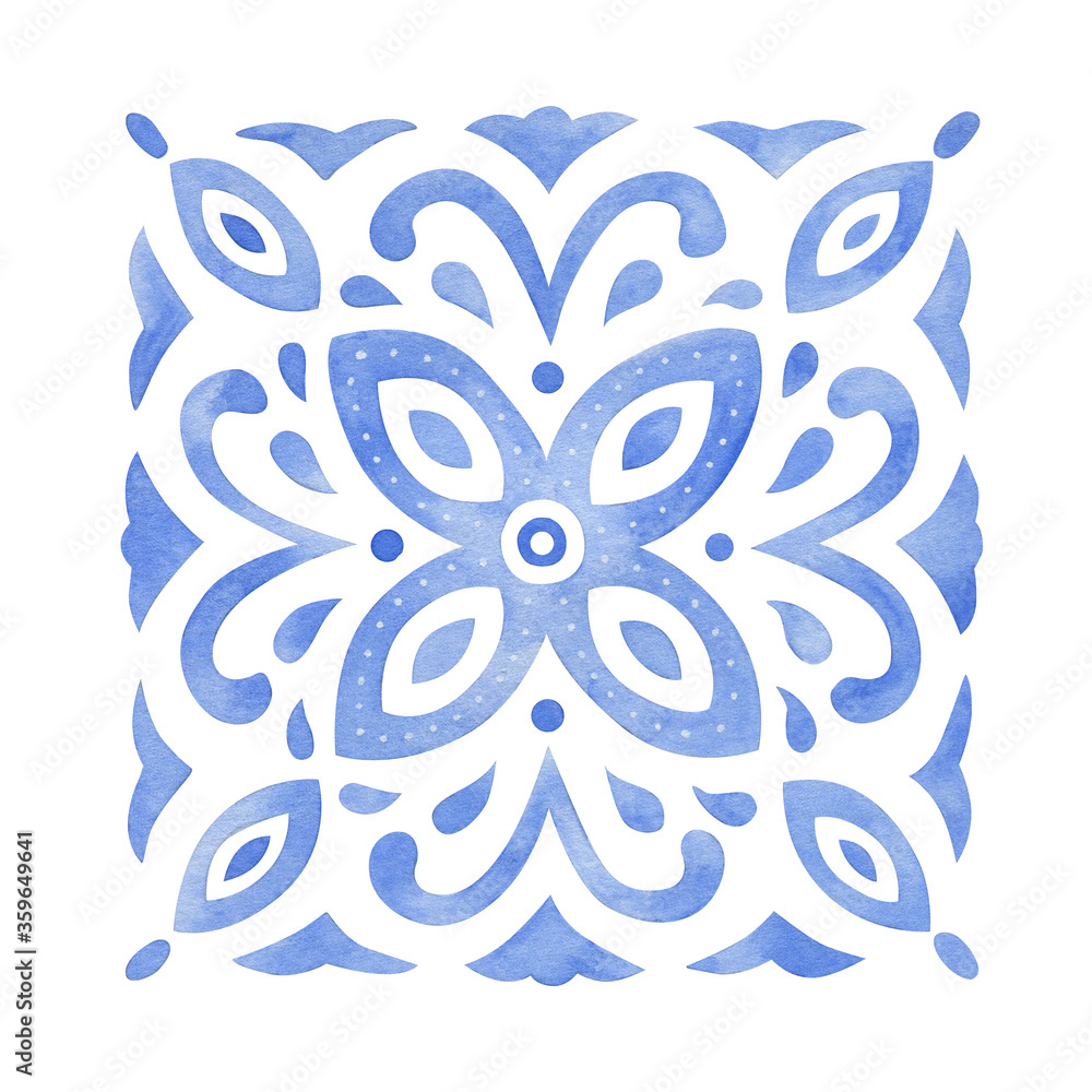 Watercolor blue ornament in ethnic style. Bright floral composition. Tile design.