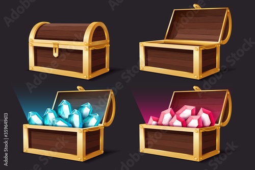 Treasure chest. Closed and open chests with gems jewelry. Medieval mystery pirate treasures illustration for game cartoon vector set