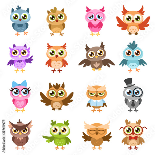 Owls. Color cute wise owl stickers, birthday kids shower funny forest birds with different gestures vector cartoon characters